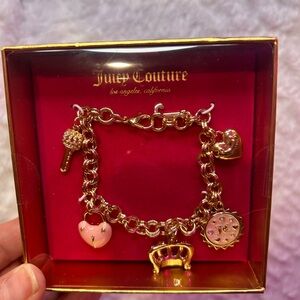 Juicy Couture Gold Color Heart Crown Charm Bracelet Pink New in Box Key Crown JC
